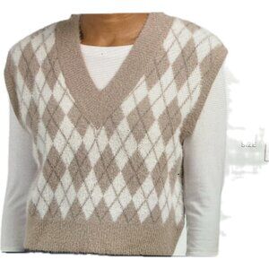 NWT WilliamRast Women's Tan and White Diamond  V-Neck Sweater Vest  Size: Small